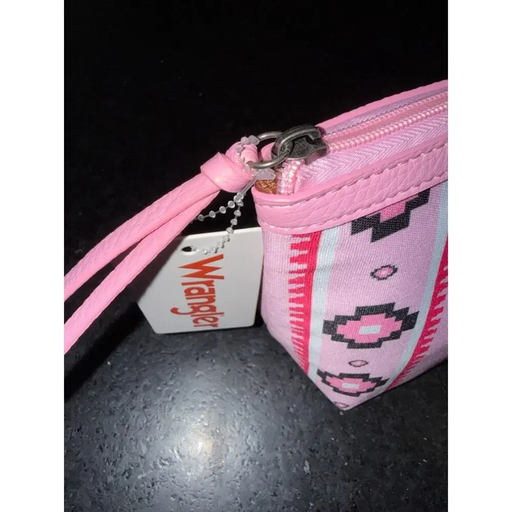 NEW Wrangler Pink Aztec CANVAS MAKEUP Zip Pouch BAG INSIDE SLIP POCKETS